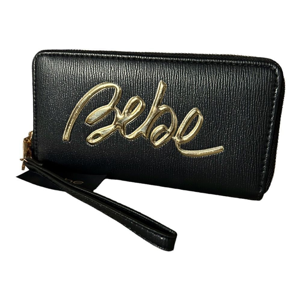NEW Bebe Gianna Black Gold Wristlet Clutch Full Zip